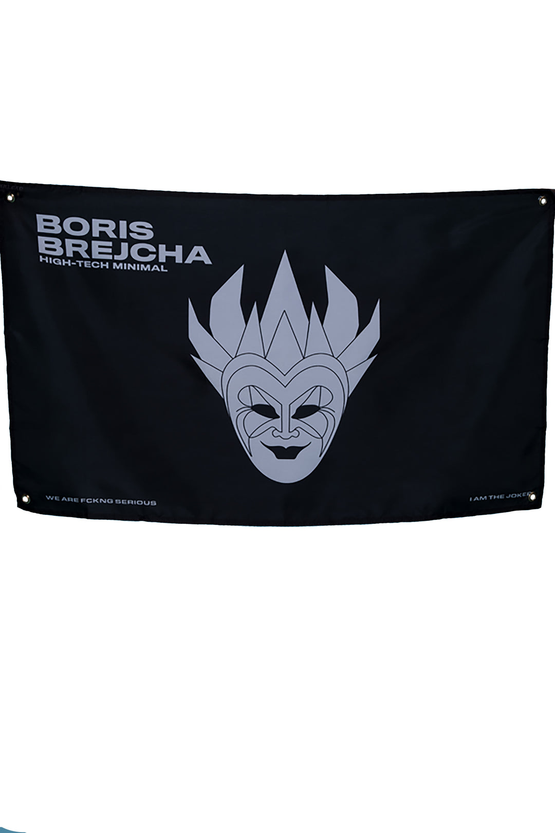 Black flag with a stylized silver mask and the text "Boris Brejcha High-Tech Minimal" in white. The bottom of the flag states "We are f*cking serious." and "I am the Joker."