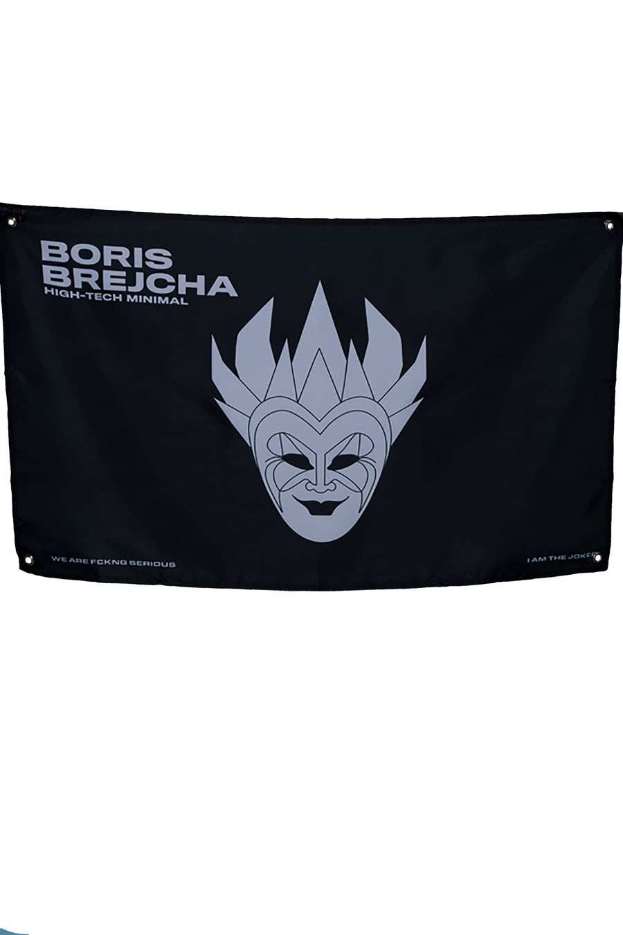Black flag with a stylized silver mask and the text "Boris Brejcha High-Tech Minimal" in white.  The bottom of the flag states "We are f*cking serious." and "I am the Joker."