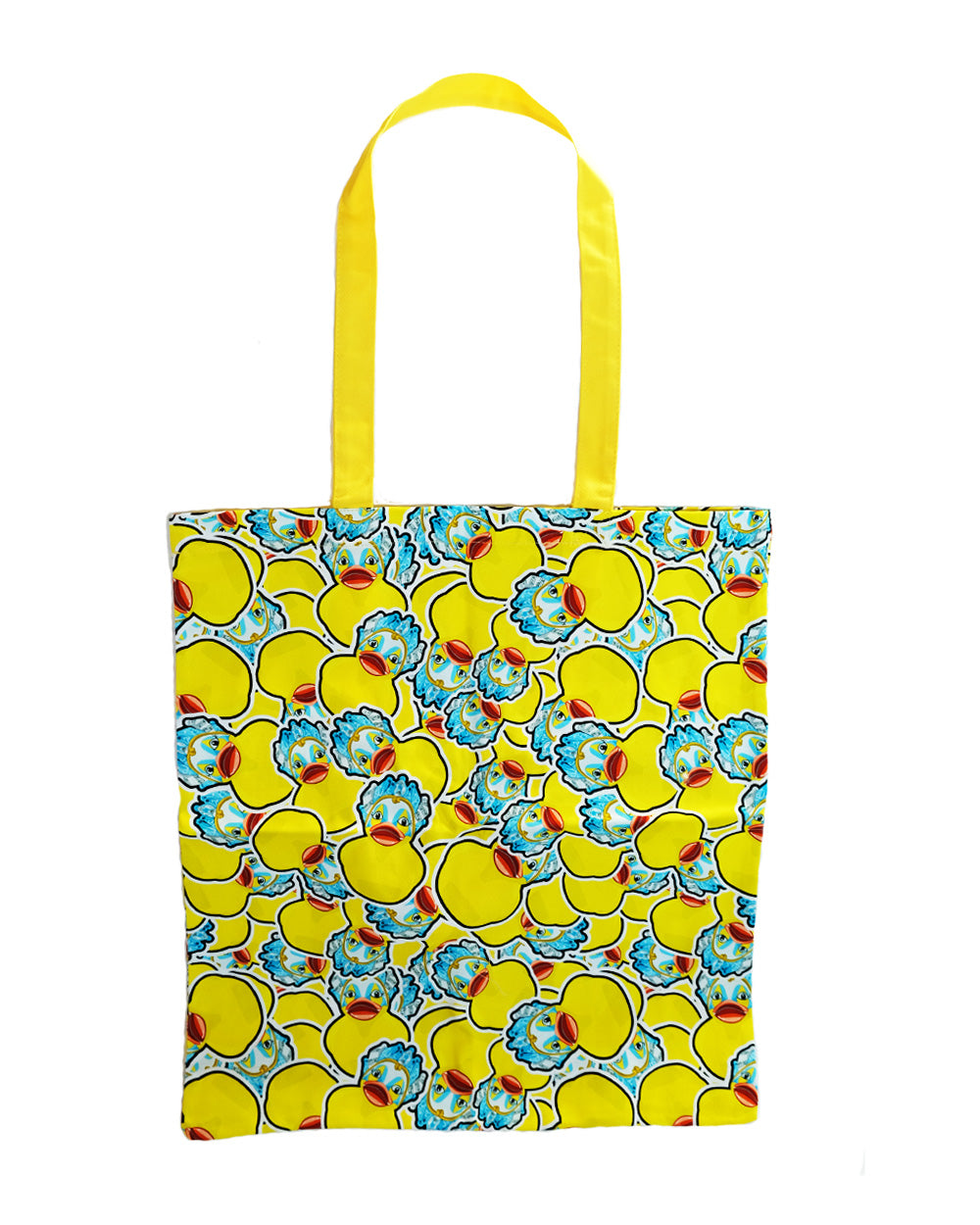Yellow tote bag with an all-over print of stylized, colorful rubber ducks. Features bright yellow straps.