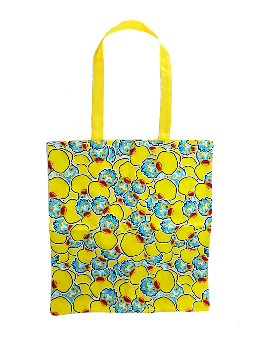 Yellow tote bag with an all-over print of stylized, colorful rubber ducks.  Features bright yellow straps.