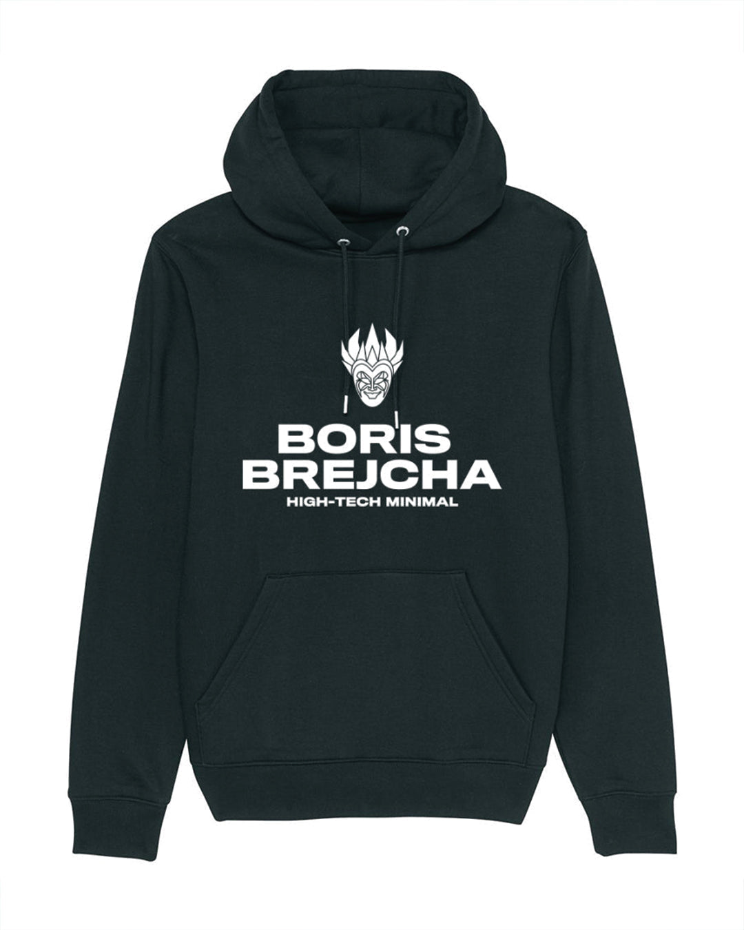 Black hoodie featuring a white stylized jester face and "BORIS BREJCHA" in bold letters with "HIGH-TECH MINIMAL" below it.