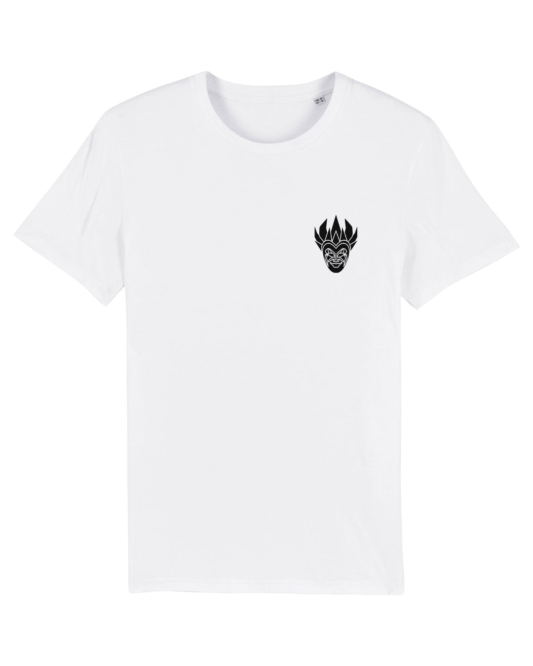 White t-shirt featuring a small black tribal mask design on the left chest.
