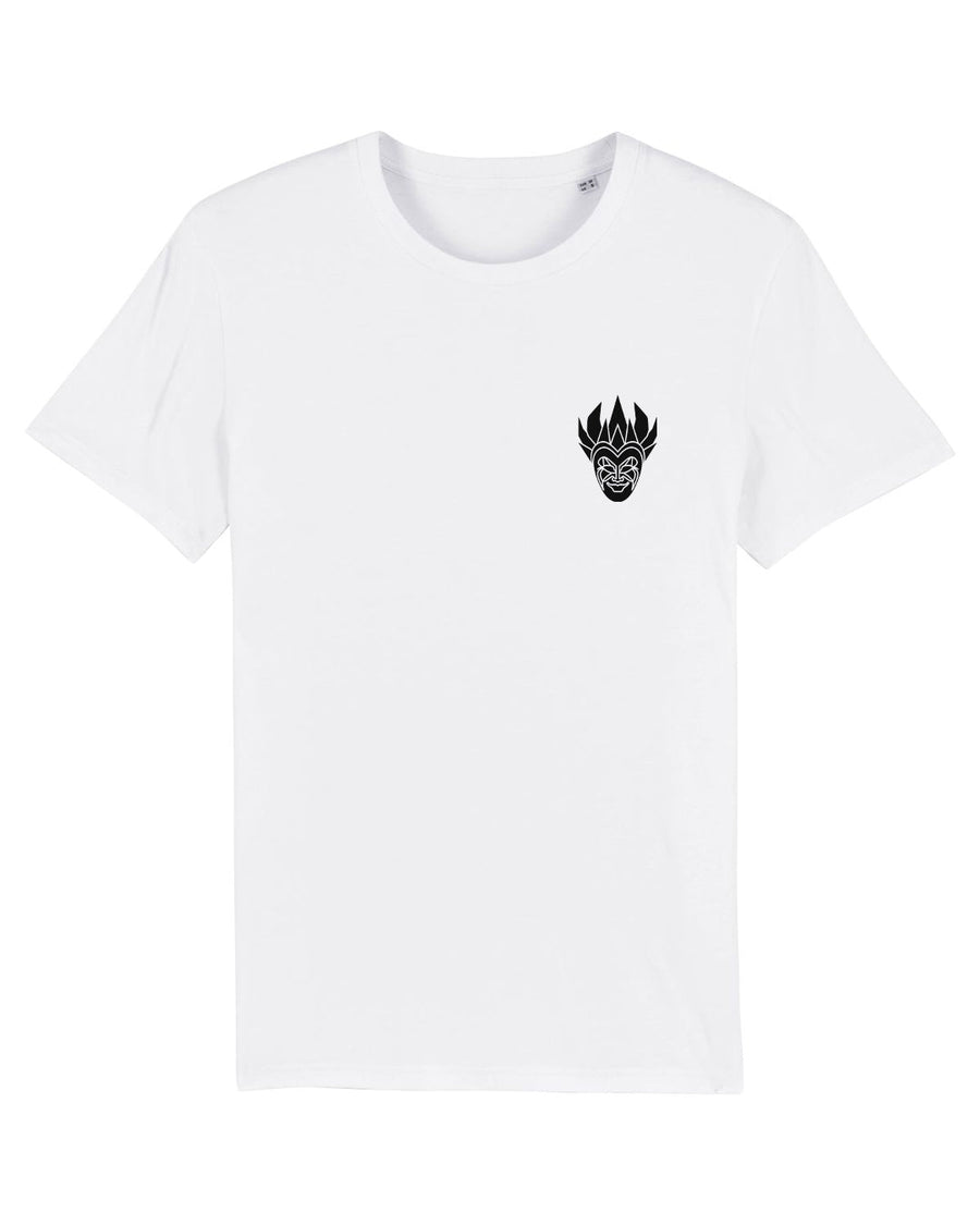 White t-shirt featuring a small black tribal mask design on the left chest.