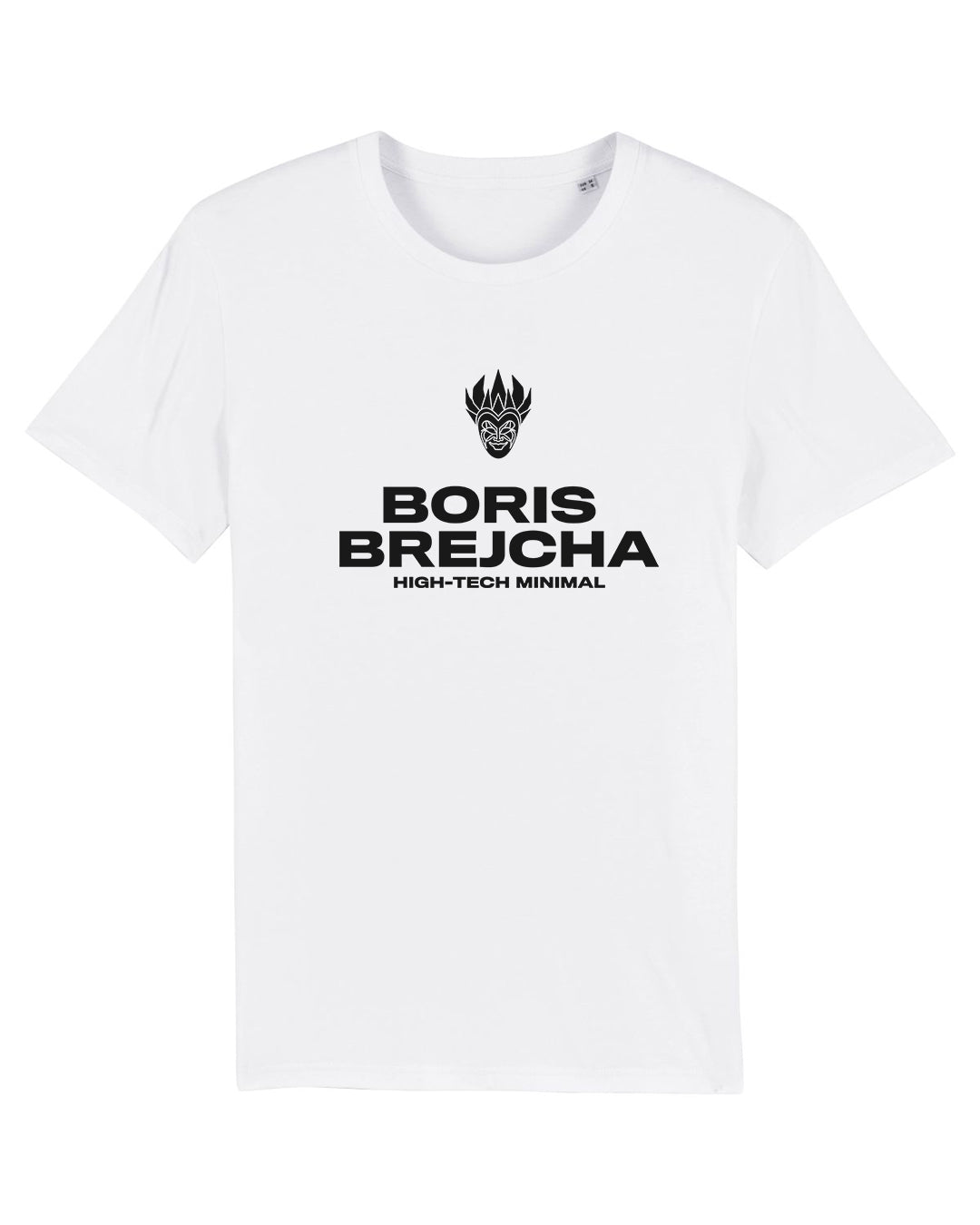 White t-shirt featuring a black logo with a stylized tribal mask and the text "BORIS BREJCHA HIGH-TECH MINIMAL".