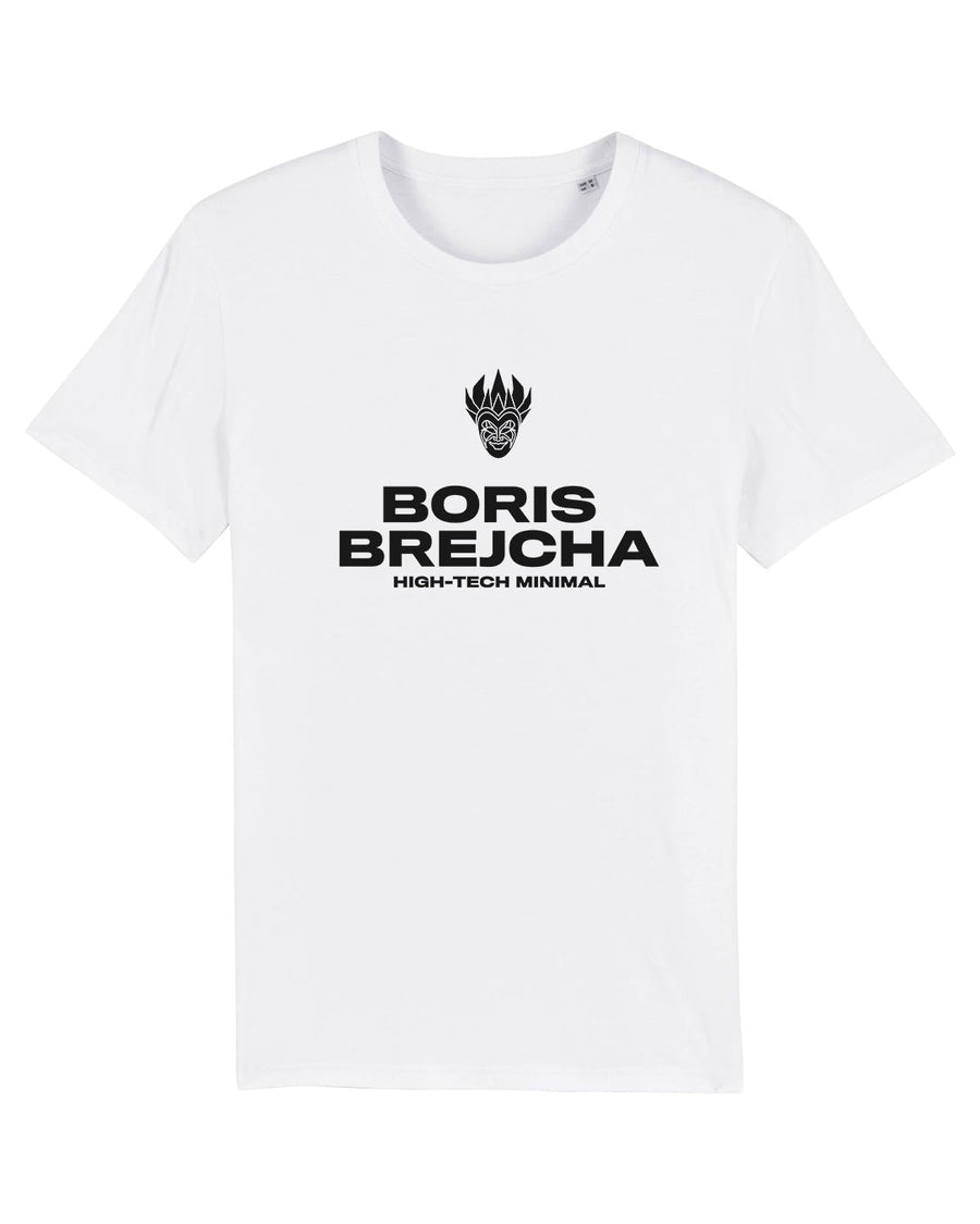 White t-shirt featuring a black logo with a stylized tribal mask and the text "BORIS BREJCHA HIGH-TECH MINIMAL".