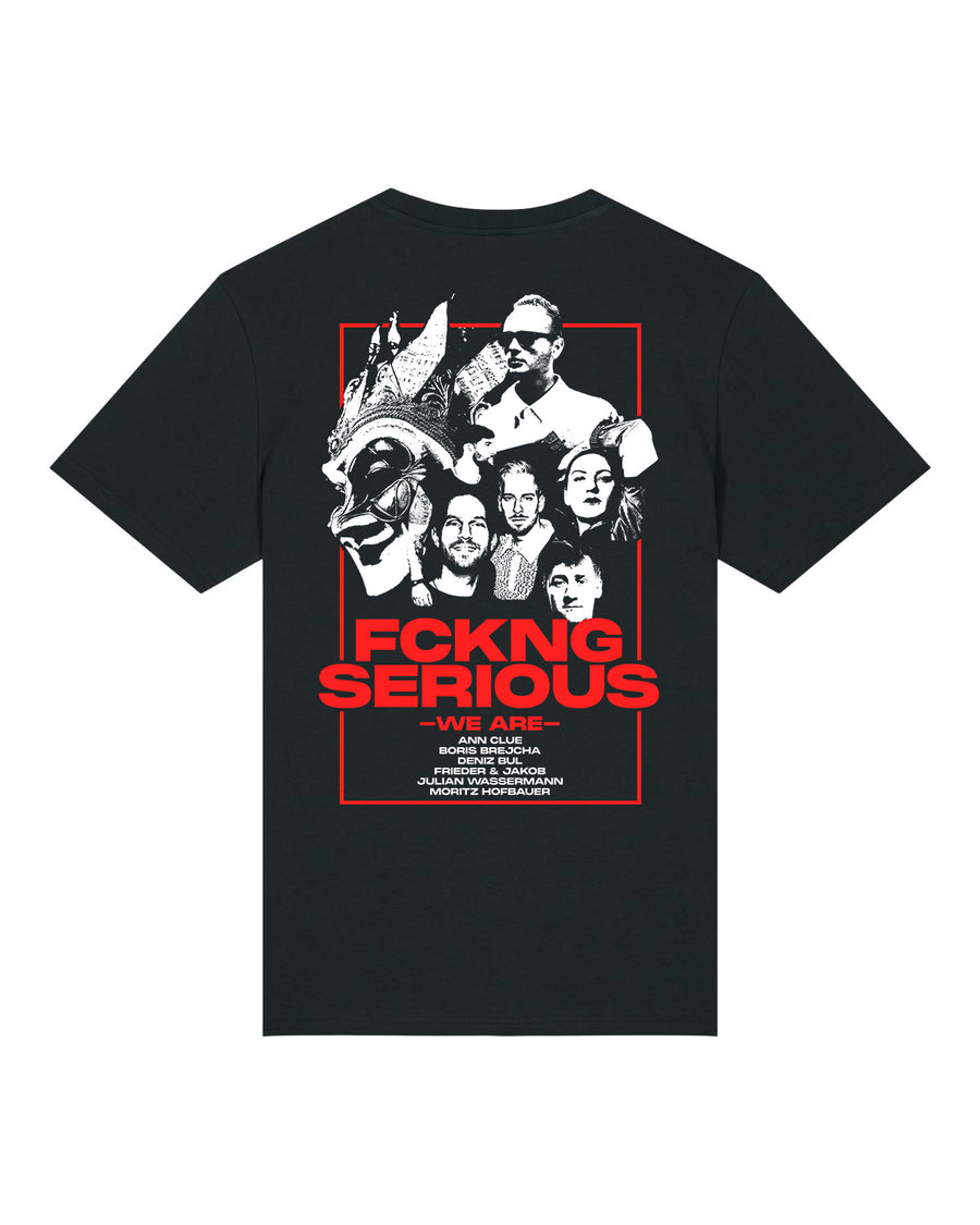 Black t-shirt back featuring a bold graphic print of renowned techno artists including Ann Clue, Boris Brejcha, and more. The print reads "FCKNG SERIOUS -WE ARE-" above a list of the artists' names.