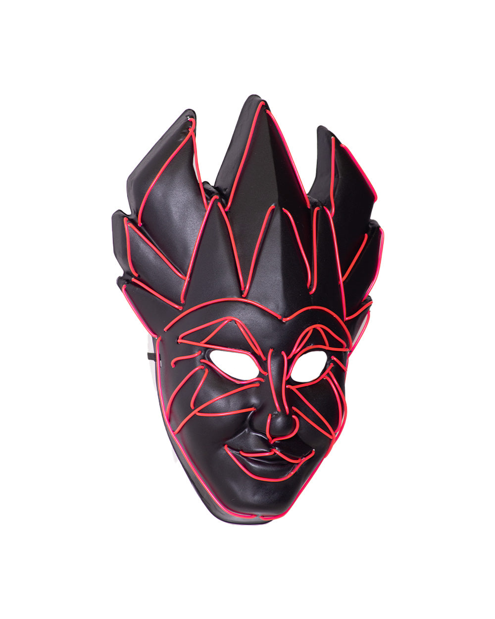 Black mask with a pointed crown design and glowing red trim.