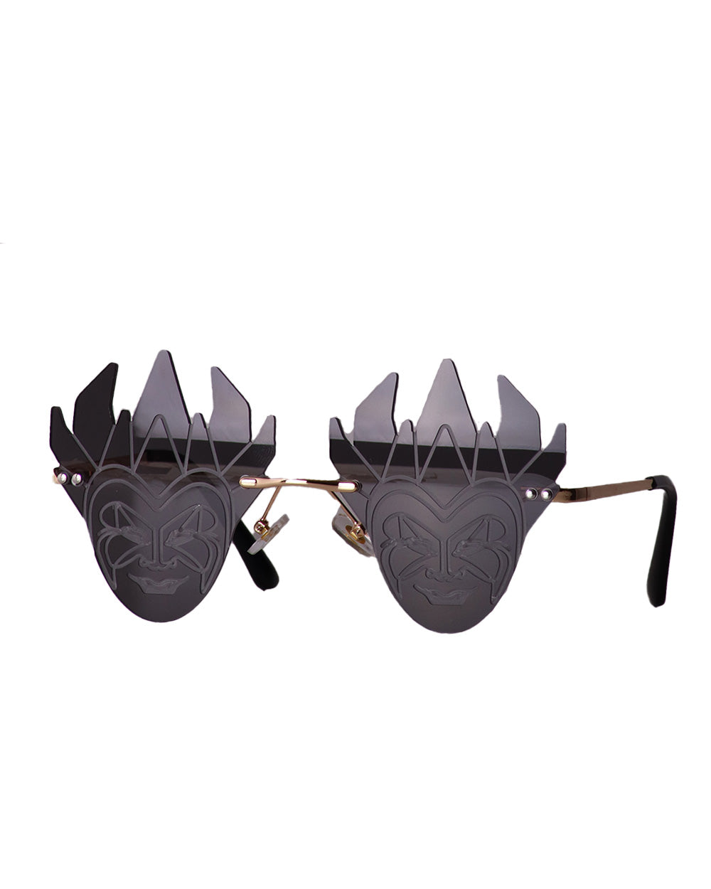 Black novelty sunglasses feature a pointed crown design and etched theatrical masks on the lenses.