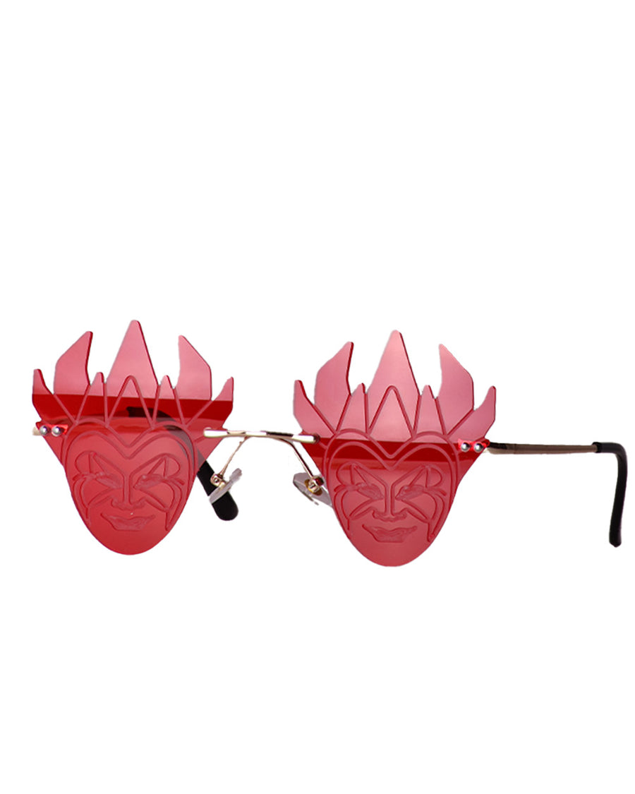 Red novelty sunglasses feature pointed flame-shaped rims and a devil face etched into each lens.
