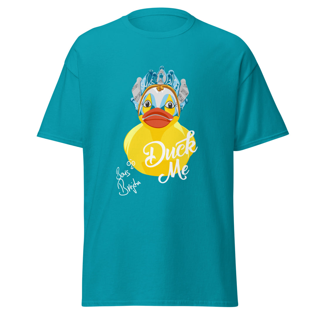 Teal t-shirt featuring a large rubber duck wearing a crown of blue and white beads. The text "Duck Me" is printed below the duck.