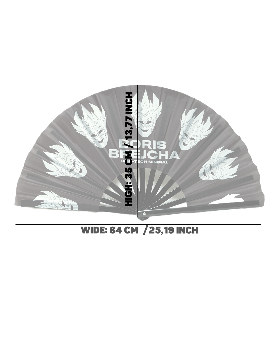 Boris Brejcha hi-tech minimal logo displayed on an open, gray folding hand fan. 
