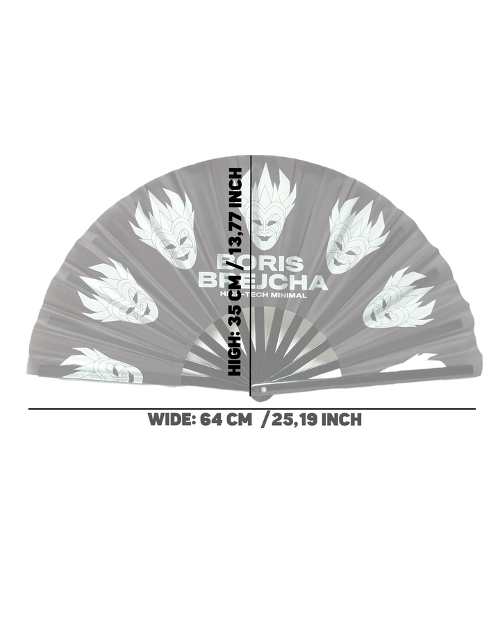 Boris Brejcha hi-tech minimal logo displayed on an open, gray folding hand fan. 
